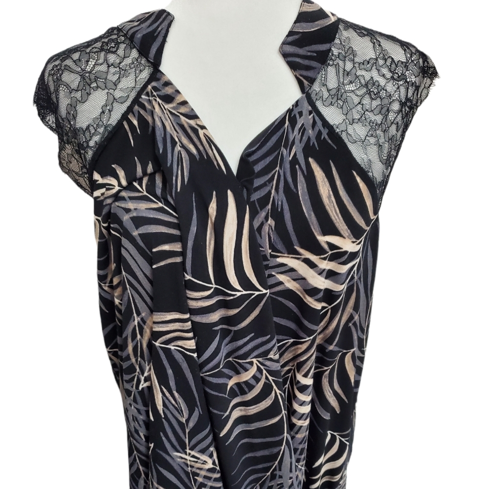 Cato Fern Leaf Print Blouse with Black Lace Sheer Sleeves Size 26/28